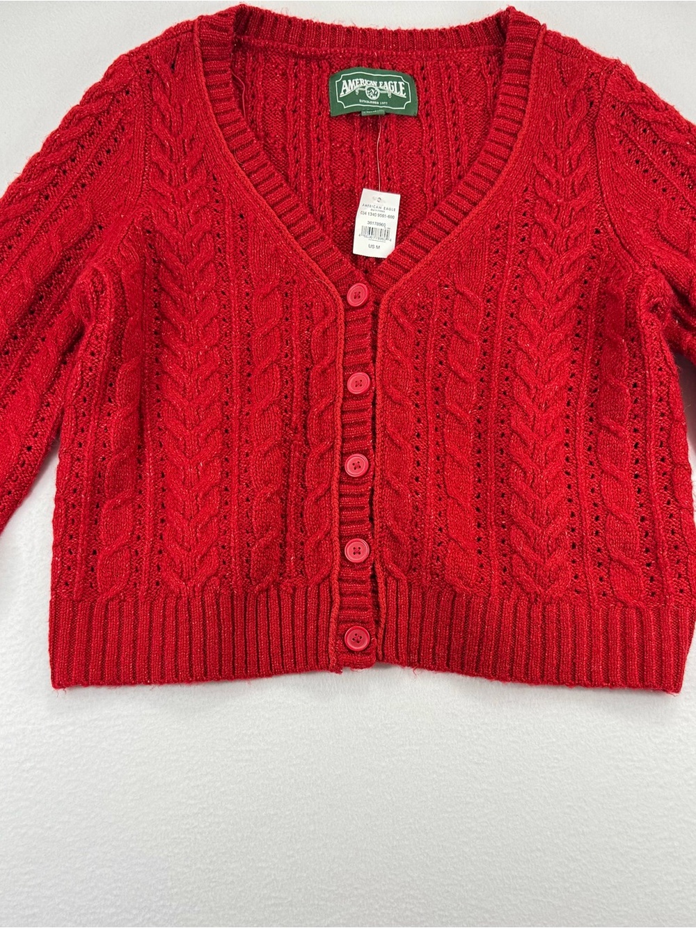 American Eagle Outfitters Red Cable Knit V-Neck Button Cardigan